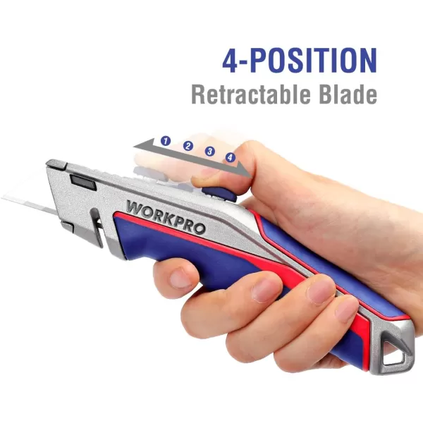 WORKPRO Retractable Utility Knife Box Cutter with Quickchange Blade Mechanism Blade Storage Compartment Hidden in Zinc Alloy Handle 15 Extra Blades IncludedWORKPRO Retractable Utility Knife Box Cutter with Quickchange Blade Mechanism Blade Storage Compartment Hidden in Zinc Alloy Handle 15 Extra Blades Included