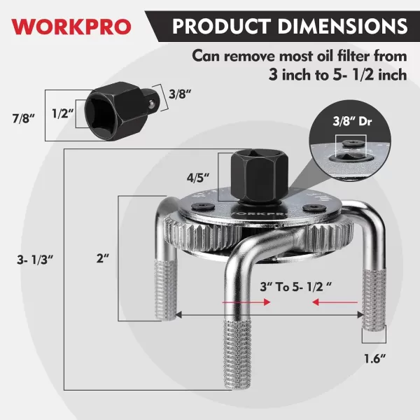 WORKPRO Universal Adjustable Oil Filter Wrench From 3 to 55 Heavy Duty Oil Filter Removal Tool with 3 Jaws for Cars Trucks TractorWORKPRO Universal Adjustable Oil Filter Wrench From 3 to 55 Heavy Duty Oil Filter Removal Tool with 3 Jaws for Cars Trucks Tractor