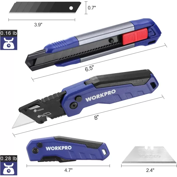 WORKPRO Utility Knife 2piece Folding Box Cutter and 18mm Snapoff Knife Light Weight Aluminum Body with Stainless Quick Change Blade Holder Extra 20 SK5 Blades IncludedWORKPRO Utility Knife 2piece Folding Box Cutter and 18mm Snapoff Knife Light Weight Aluminum Body with Stainless Quick Change Blade Holder Extra 20 SK5 Blades Included