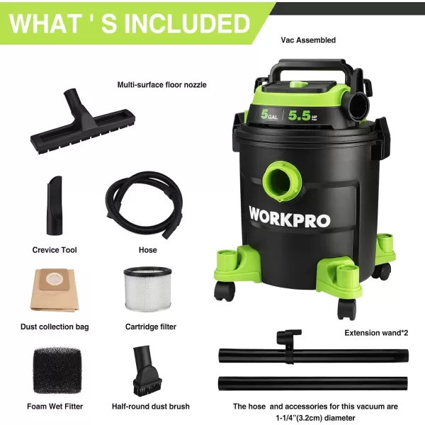 WORKPRO WetDry Vacuum 25 Gallon 3 Peak Horsepower Portable Shop Vacuum Cleaner for HomeJobsite Dust Collection Job with Attachments5 Gallon 55 Peak Horsepower