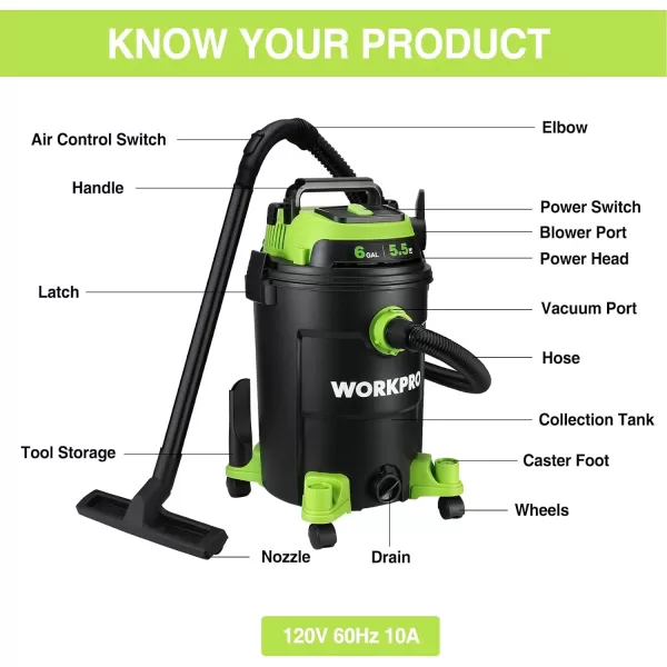 WORKPRO WetDry Vacuum 25 Gallon 3 Peak Horsepower Portable Shop Vacuum Cleaner for HomeJobsite Dust Collection Job with Attachments6 Gallon 55 Peak HP