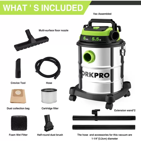 WORKPRO WetDry Vacuum 25 Gallon 3 Peak Horsepower Portable Shop Vacuum Cleaner for HomeJobsite Dust Collection Job with Attachments6 Gallon 55 Peak Horsepower