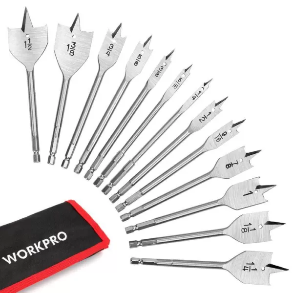 WORKPRO 10Piece Pro Spade Drill Bit Set Black Coating Premium Carbon Steel Paddle Flat Bits for Woodworking Assorted Bits 14 to 112 with Storage CaseMediumCarbon Steel