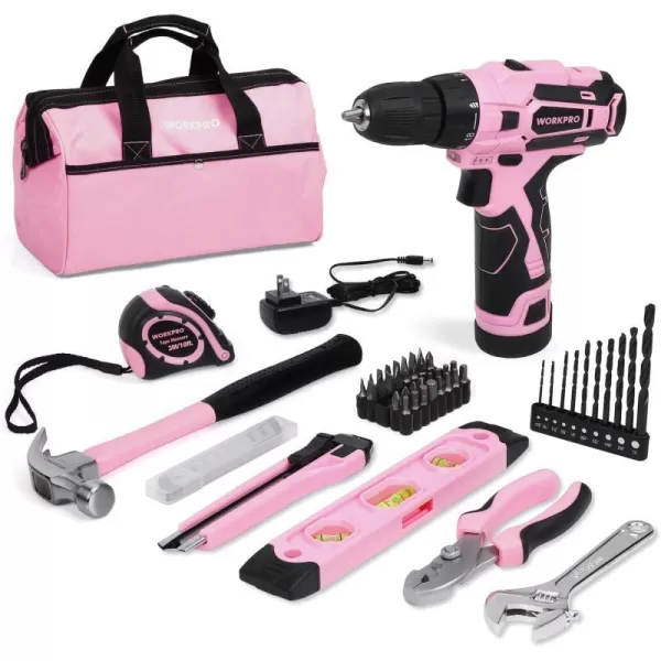 WORKPRO 12V Pink Cordless Drill Driver and Home Tool Kit Hand Tool Set for DIY Home Maintenance 14inch Storage Bag Included  Pink RibbonPink