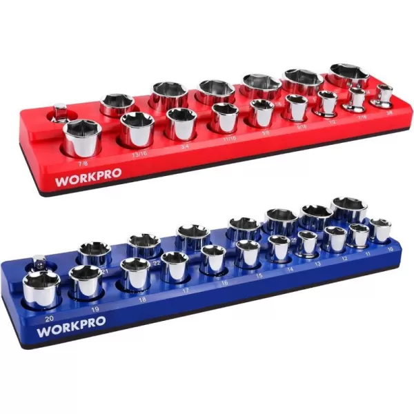 WORKPRO 38inch Magnetic Socket Organizer Set 2Piece SAE amp Metric Socket Holders Holds 56 Standard and Deep Sockets for Tool Box Tool Carts Sockets Not Included12 SAEampMetric