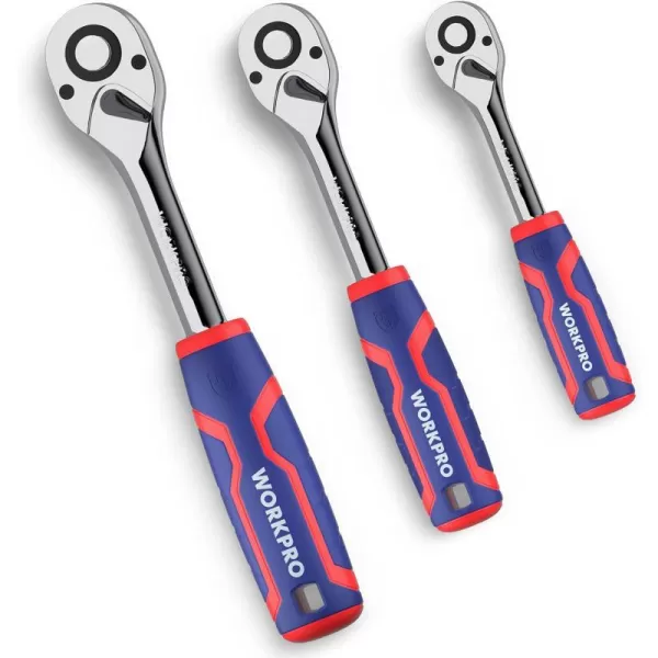 WORKPRO 3Piece Ratchet Set 14 38 12 QuickRelease Reversible 72Tooth Drive Socket Wrench14 38 12