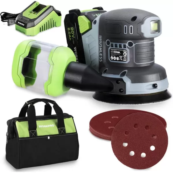 WORKPRO Brushless Random Orbital Sander Cordless 6 Variable Speeds 6000 to 12000 OPM 20V 5in Electric Orbit Sander for Woodworking with Battery Charger Dust Collector Tool Bag15 Pcs Sanding DiscsWORKPRO Brushless Random Orbital Sander Cordless 6 Variable Speeds 6000 to 12000 OPM 20V 5in Electric Orbit Sander for Woodworking with Battery Charger Dust Collector Tool Bag15 Pcs Sanding Discs