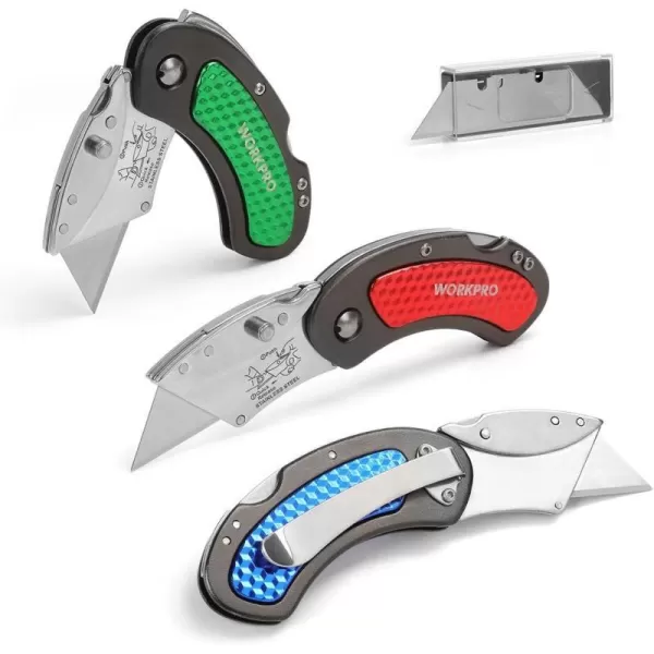 WORKPRO Folding Utility Knife Set Quick Change Blade Backlock Mechanism 3piece with 10piece Extra BladesWORKPRO Folding Utility Knife Set Quick Change Blade Backlock Mechanism 3piece with 10piece Extra Blades