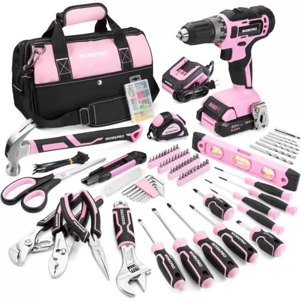 WORKPRO Pink Household Tool Kit with Drill 157PCS Tool Set with 20V Cordless Lithiumion Drill Driver Home Tool Kit for All Purpose Power Drill Sets with Pink Tool Bag  Pink RibbonPink