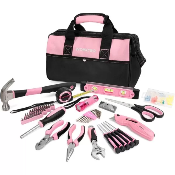 WORKPRO Pink Tool Kit Home Repairing Tool Set with Wide Mouth Open Storage Bag Household Tool Kit  Pink RibbonWORKPRO Pink Tool Kit Home Repairing Tool Set with Wide Mouth Open Storage Bag Household Tool Kit  Pink Ribbon