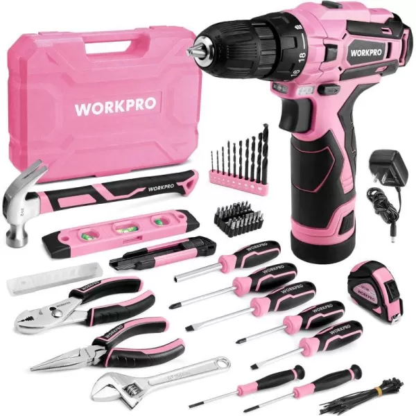 WORKPRO Pink Tool Set with Power Drill 108PCS Portable Ladies Pink Drill Kit for Home with Toolbox and Pink Hammer 15 Ah Cordless Drills with Keyless Chuck and Variable Speed Trigger  Pink RibbonPink