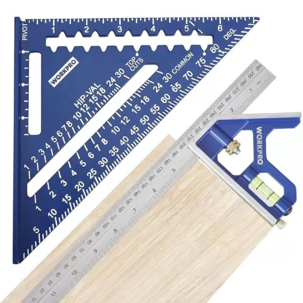 WORKPRO Rafter Square and Combination Square Tool Set 7 in Aluminum Alloy DieCasting Carpenter Square and 12 Inch ZincAlloy DieCasting Square Ruler Combo Rafter Square Layout Toolrafterampcombination square tool set