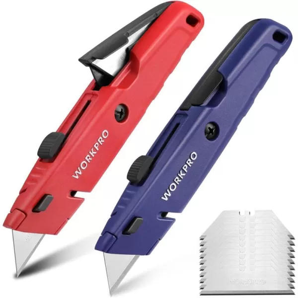 WORKPRO Retractable Box Cutters Premium Utility Knives with Blade Storage Design Quick Change Blade Razor Knife with Twine Cutter Heavy Duty All Metal Body 16 Extra SK5 Blades 2 Pack Red BlueBlue amp Red