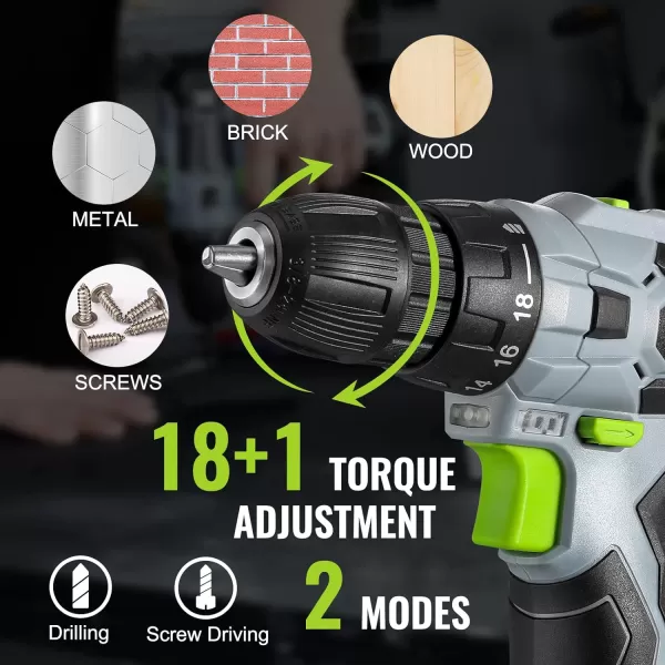 WORKPRO 12V Cordless Drill Driver and Home Tool Kit Hand Tool Set for DIY Home Maintenance 14inch Storage Bag IncludedGrey