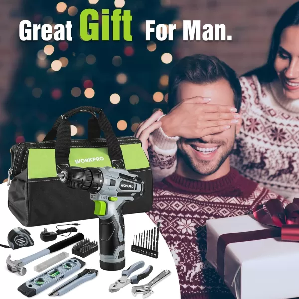 WORKPRO 12V Cordless Drill Driver and Home Tool Kit Hand Tool Set for DIY Home Maintenance 14inch Storage Bag IncludedGrey
