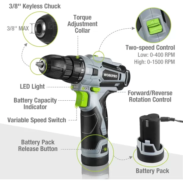 WORKPRO 12V Cordless Drill Driver and Home Tool Kit Hand Tool Set for DIY Home Maintenance 14inch Storage Bag IncludedGrey