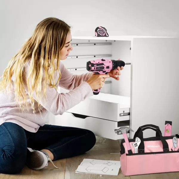 WORKPRO 12V Cordless Drill Driver and Home Tool Kit Hand Tool Set for DIY Home Maintenance 14inch Storage Bag IncludedPink