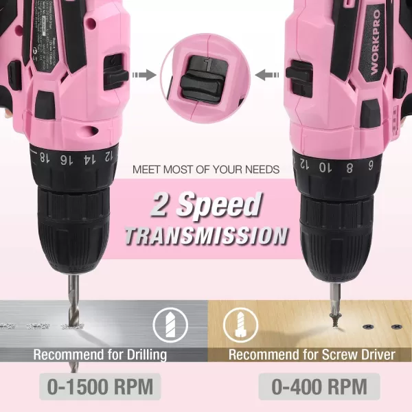 WORKPRO 12V Cordless Drill Driver and Home Tool Kit Hand Tool Set for DIY Home Maintenance 14inch Storage Bag IncludedPink