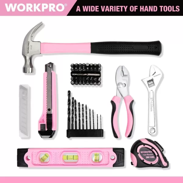 WORKPRO 12V Cordless Drill Driver and Home Tool Kit Hand Tool Set for DIY Home Maintenance 14inch Storage Bag IncludedPink
