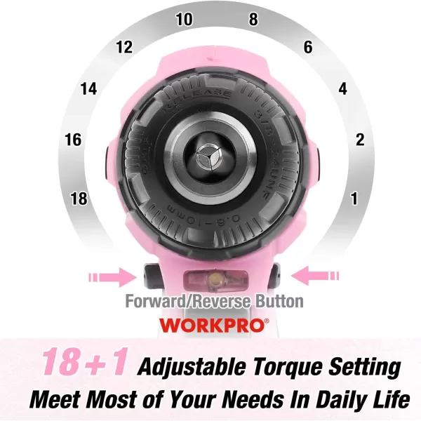 WORKPRO 12V Cordless Drill Driver and Home Tool Kit Hand Tool Set for DIY Home Maintenance 14inch Storage Bag IncludedPink
