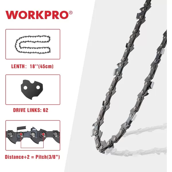 WORKPRO 2Pack 18 Inch Chainsaw Chain 38quotPitch 62 Drive Links Wood Cutting Saw Chain for Chainsaw Parts fits Craftsman Poulan Echo DeWalt