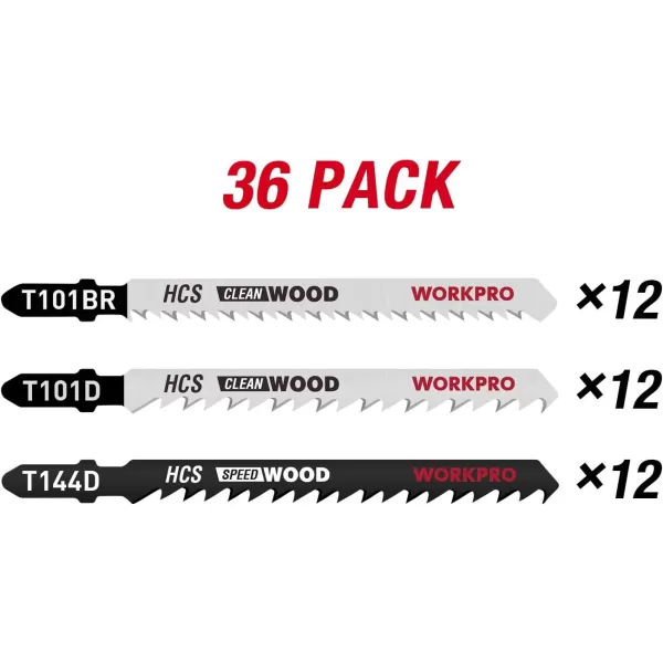 WORKPRO 36Piece Woodworking Jig Saw Blade Set TShank Assorted Blades for Fast and Clean Wood Cutting