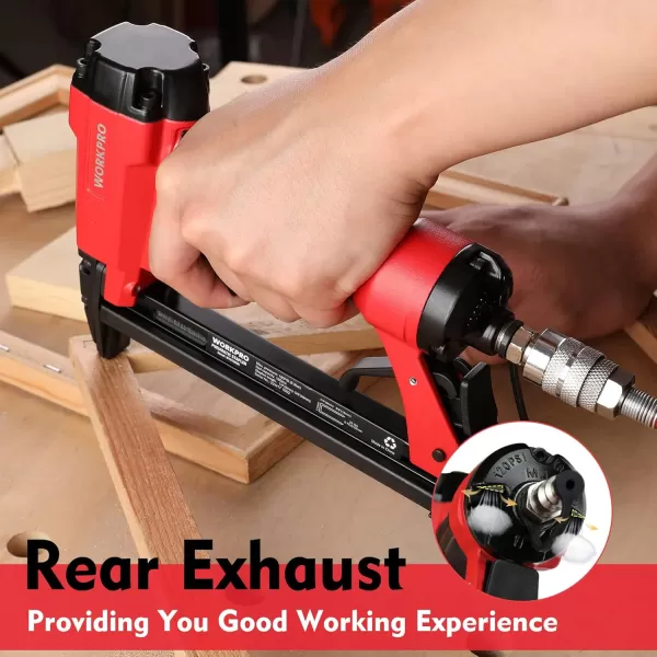 WORKPRO 8016 Pneumatic Staple Gun 21 Gauge Upholstery Stapler with 1500pcs Staples 14quot to 58quot AirPowered Rear Exhaust for Carpentry Woodworking and DIY Projects21G 8016