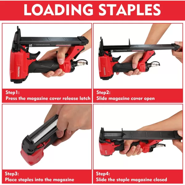WORKPRO 8016 Pneumatic Staple Gun 21 Gauge Upholstery Stapler with 1500pcs Staples 14quot to 58quot AirPowered Rear Exhaust for Carpentry Woodworking and DIY Projects22G 7116