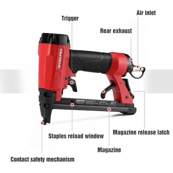 WORKPRO 8016 Pneumatic Staple Gun 21 Gauge Upholstery Stapler with 1500pcs Staples 14quot to 58quot AirPowered Rear Exhaust for Carpentry Woodworking and DIY Projects20G PT50