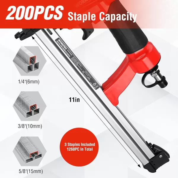 WORKPRO 8016 Pneumatic Staple Gun 21 Gauge Upholstery Stapler with 1500pcs Staples 14quot to 58quot AirPowered Rear Exhaust for Carpentry Woodworking and DIY Projects20G OilFree