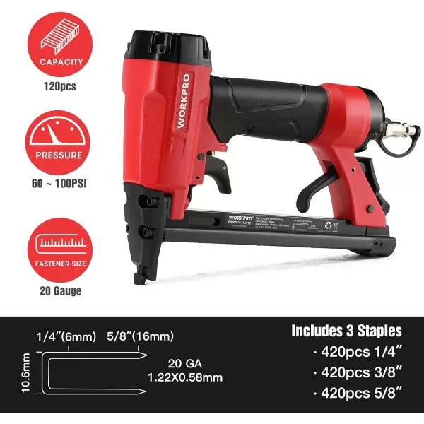 WORKPRO 8016 Pneumatic Staple Gun 21 Gauge Upholstery Stapler with 1500pcs Staples 14quot to 58quot AirPowered Rear Exhaust for Carpentry Woodworking and DIY Projects20G PT50