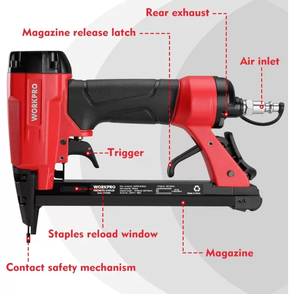 WORKPRO 8016 Pneumatic Staple Gun 21 Gauge Upholstery Stapler with 1500pcs Staples 14quot to 58quot AirPowered Rear Exhaust for Carpentry Woodworking and DIY Projects22G 7116