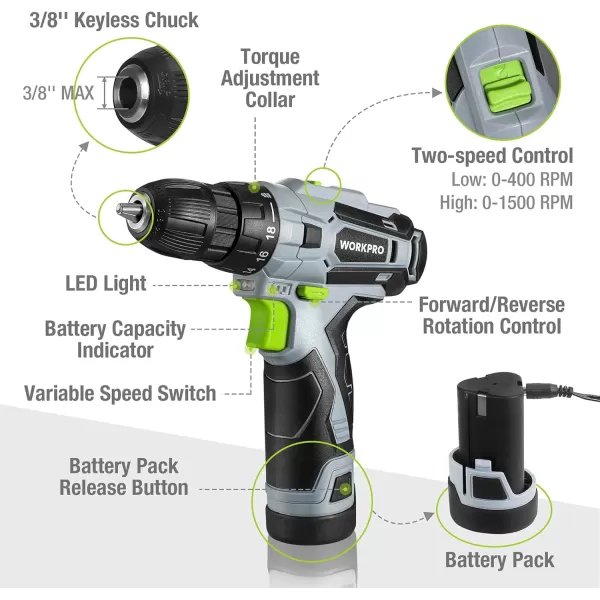 WORKPRO Cordless Drill Driver Kit 12V Electric Screwdriver Driver Tool Kit 38quot Keyless Chuck Charger and Storage Bag IncludedGreen