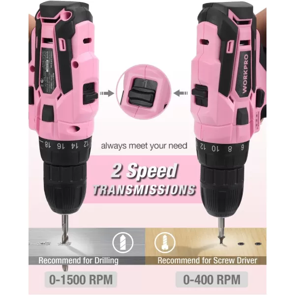 WORKPRO Cordless Drill Driver Kit 12V Electric Screwdriver Driver Tool Kit 38quot Keyless Chuck Charger and Storage Bag IncludedPink