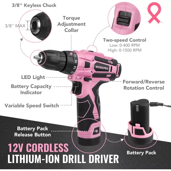 WORKPRO Home Tool Kit with Power Drill 108PCS Power Home Tool Set with 12V 15 Ah Battery Powered Screwdriver and Tool Box Electric Cordless Drill Set with Keyless Chuck and Variable Speed TriggerPink