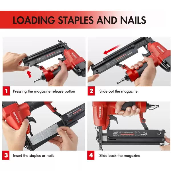 WORKPRO Pneumatic Brad Nailer 18 GA 2 in 1 Nail Gun and Crown Stapler with 400pcs Nails 300pcs Staples for Carpentry DIY Project Woodworking