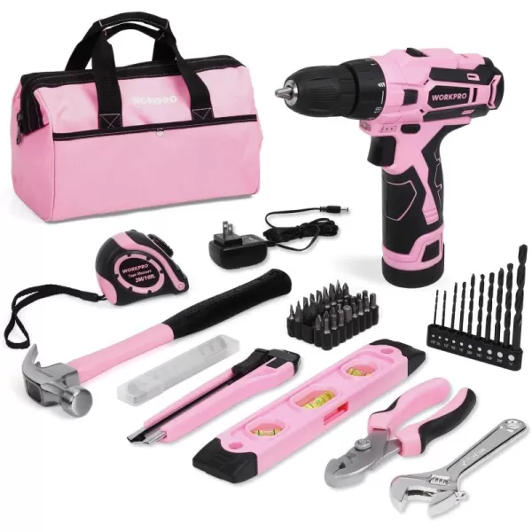 WORKPRO 12V Cordless Drill Driver and Home Tool Kit Hand Tool Set for DIY Home Maintenance 14inch Storage Bag IncludedPink