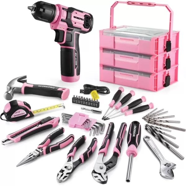 WORKPRO 43PCS Cordless Lithiumion Drill Driver and Toolbox 8V 20 Ah Power Drill Set with Household Hand Tool Kit Battery Powered Screwdriver with Stackable Tool Box Home Tool Set for Repair DIYPink