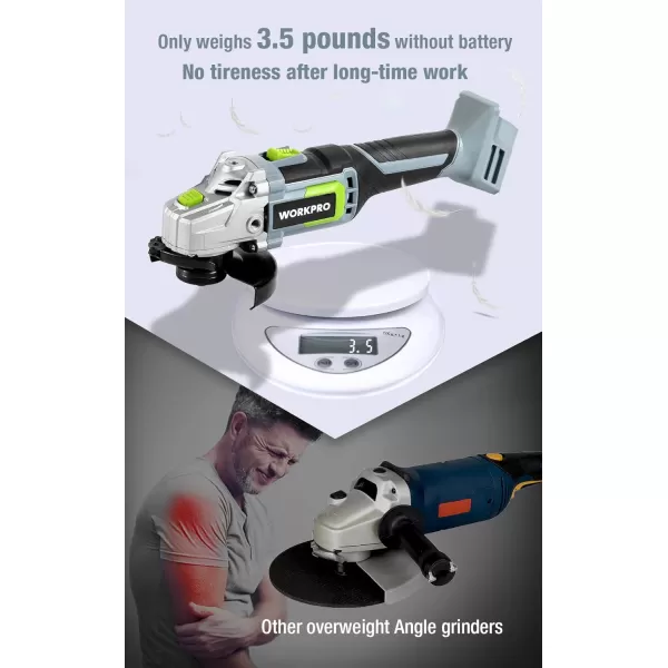 imageWORKPRO 20V Cordless Angle Grinder Kit 412 Inch Lightweight Angle Grinder Tool 40Ah LithiumIon Battery ampamp Fast Charger Ergonomic Button Position for Reducing Hand PressureBrush