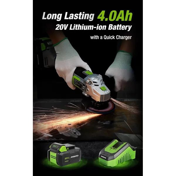 imageWORKPRO 20V Cordless Angle Grinder Kit 412 Inch Lightweight Angle Grinder Tool 40Ah LithiumIon Battery ampamp Fast Charger Ergonomic Button Position for Reducing Hand PressureBrush