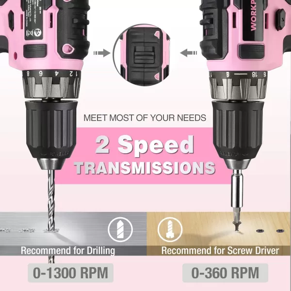 imageWORKPRO 20V Cordless Drill Driver Kit 38 Keyless Chuck 20 Ah Liion Battery 1 Hour Fast Charger and 11inch Green Storage Bag IncludedPink