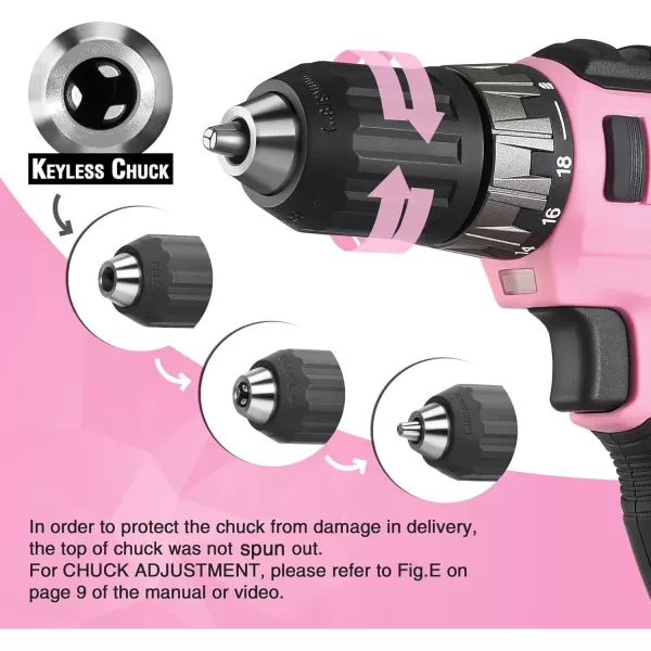 imageWORKPRO 20V Cordless Drill Driver Kit 38 Keyless Chuck 20 Ah Liion Battery 1 Hour Fast Charger and 11inch Green Storage Bag IncludedPink