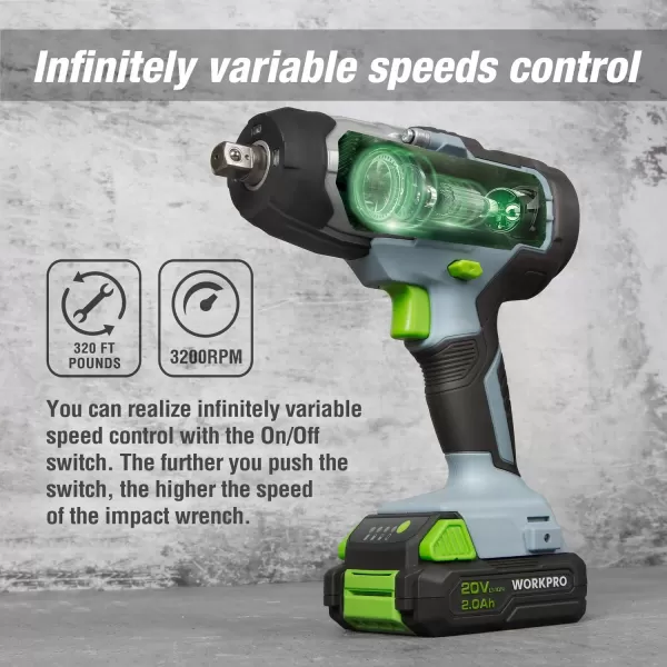imageWORKPRO 20V Cordless Impact Wrench 12inch 320 Ft Pounds Max Torque with 20V Cordless DrillDriver Kit 38 182 Torque Setting