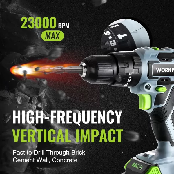 imageWORKPRO 20V Max Cordless Drill Driver Set Electric Power Impact Drill Tool with 102 Pieces Accessories 12 Chuck Impact Drill Kit with Portable Case 2 x 20Ah Liion Batteries with Fast Charger