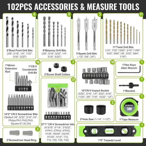 imageWORKPRO 20V Max Cordless Drill Driver Set Electric Power Impact Drill Tool with 102 Pieces Accessories 12 Chuck Impact Drill Kit with Portable Case 2 x 20Ah Liion Batteries with Fast Charger