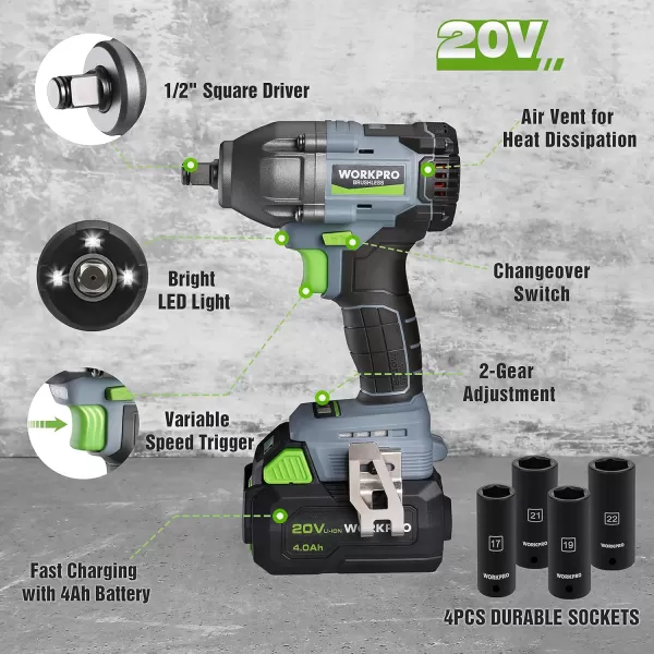 imageWORKPRO Cordless Impact Wrench 12 inch 20V Brushless Impact Gun High Torque 370 FtLbs 500NM Variable Speeds with 40 Ah Battery Fast Charger 4 Impact Sockets and Storage Case