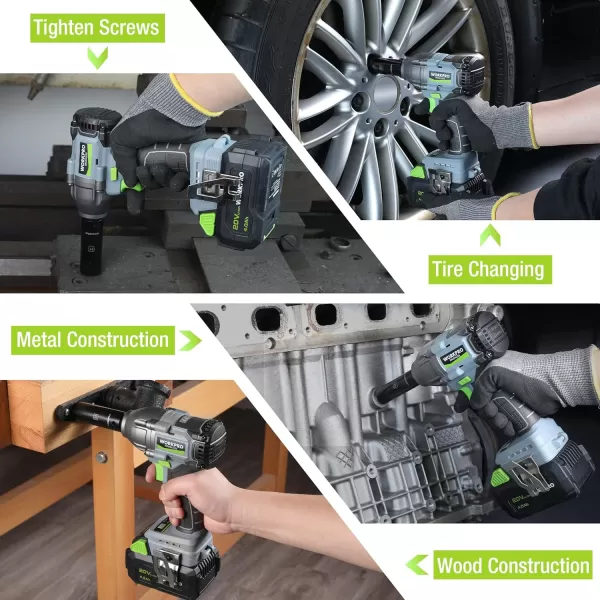 imageWORKPRO Cordless Impact Wrench 12 inch 20V Brushless Impact Gun High Torque 370 FtLbs 500NM Variable Speeds with 40 Ah Battery Fast Charger 4 Impact Sockets and Storage Case