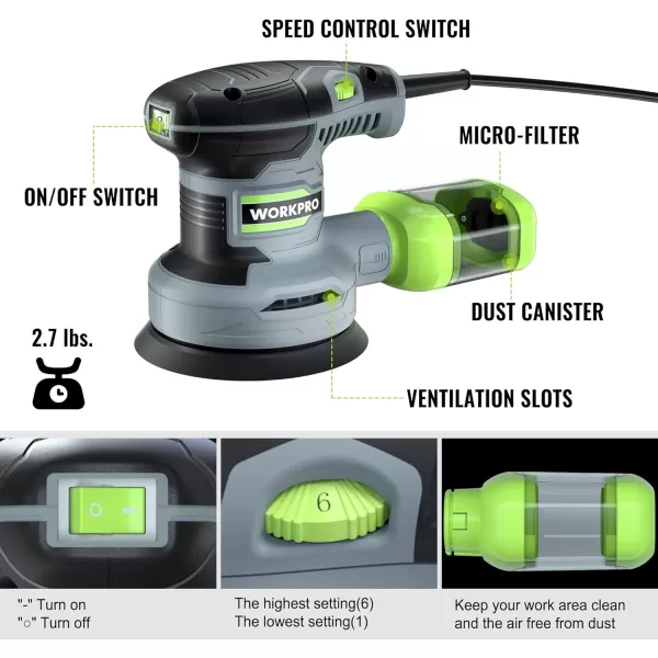 imageWORKPRO Cordless Random Orbital Sander Brushless 6 Variable Speeds 6000 to 12000 OPM 20V 5in Electric Orbit Sander for Woodworking with Battery Charger Dust Collector Tool Bag15 Pcs Sanding DiscsRandom Orbit Sander