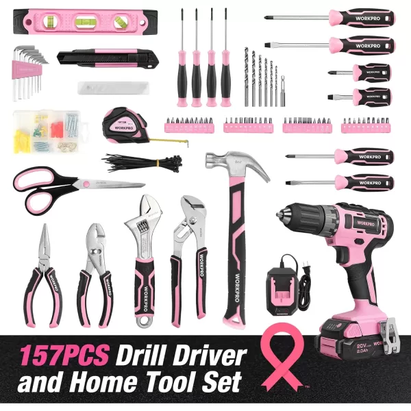 imageWORKPRO Home Tool Set with Power Drill 157PCS Power Drill Sets with 20V Cordless Lithiumion Drill Driver Home Tool Kit for All Purpose Cordless Drill Set Combo Kit With Tool BagPink