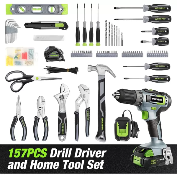 imageWORKPRO Home Tool Set with Power Drill 157PCS Power Drill Sets with 20V Cordless Lithiumion Drill Driver Home Tool Kit for All Purpose Cordless Drill Set Combo Kit With Tool BagGrey